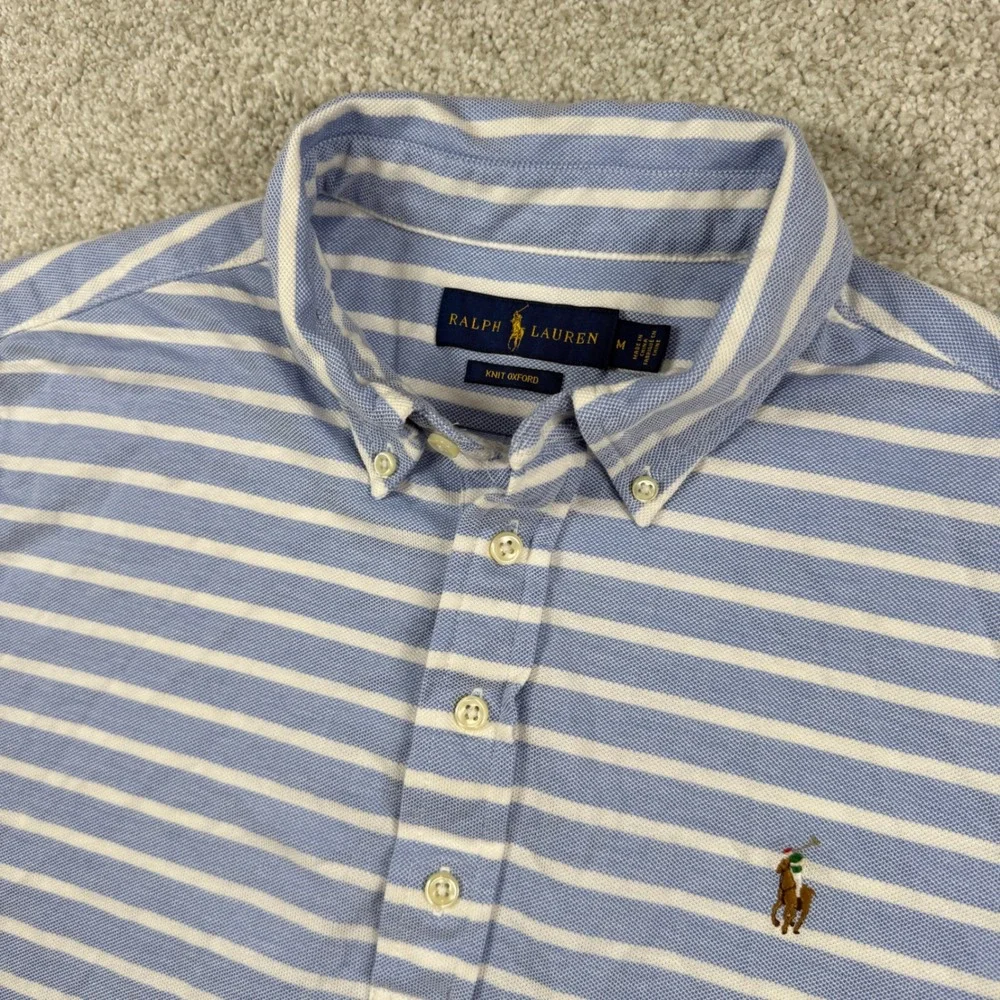 Ralph Lauren Knit Oxford Mens M Blue Striped Button Down Short Sleeve Polo Shirt